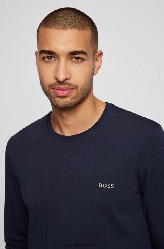 4TFNJN1163 أزرق غامق Hugo Boss تيشيرت هوغو من القطن المطاطي ذو قصة عادية باللون الأزرق الداكن مع شعار مطرز