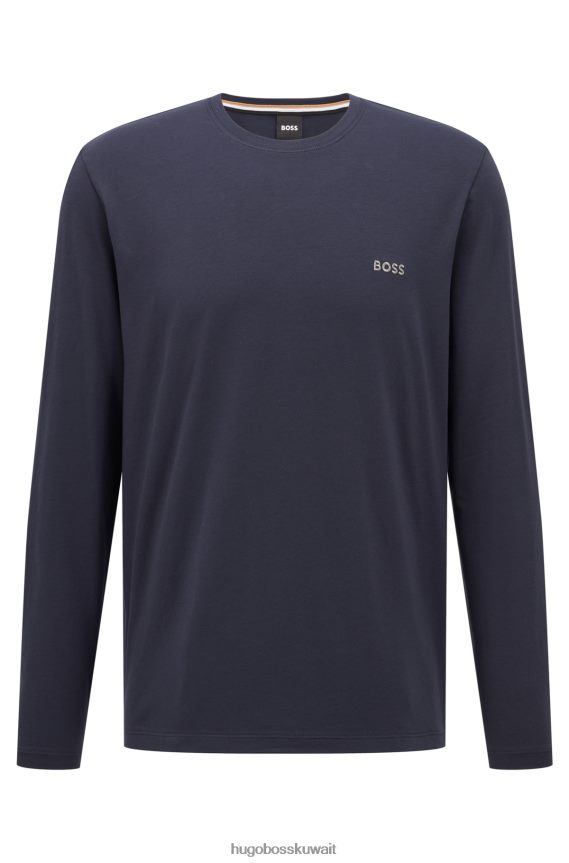 4TFNJN1163 أزرق غامق Hugo Boss تيشيرت هوغو من القطن المطاطي ذو قصة عادية باللون الأزرق الداكن مع شعار مطرز