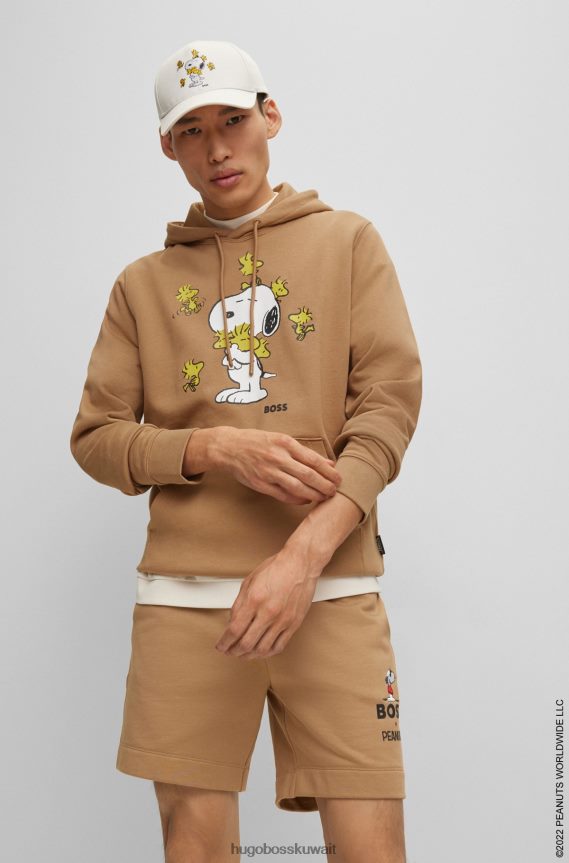 4TFNJN1194 اللون البيج Hugo Boss × سترة بغطاء رأس كبيرة الحجم من قماش تيري الفرنسي مع عمل فني حصري