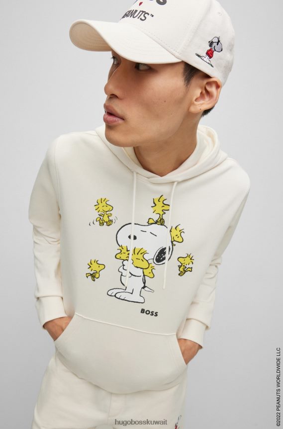 4TFNJN1195 أبيض Hugo Boss سترة بغطاء للرأس مقاس كبير × الفول السوداني من قماش تيري الفرنسي مع عمل فني حصري