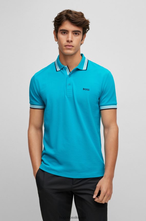 4TFNJN1212 الفيروز Hugo Boss قميص بولو من القطن العضوي باللون الفيروزي مع شعار هوغو منحني
