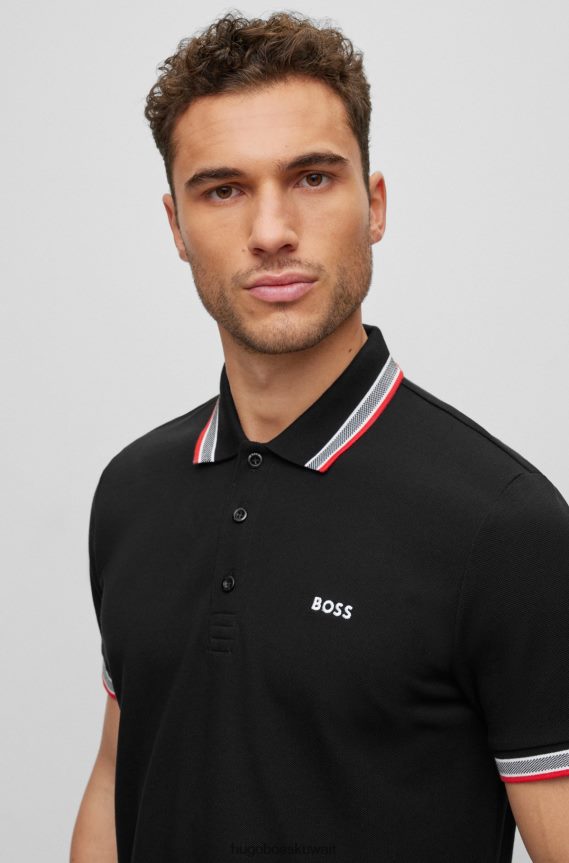 4TFNJN1219 أسود Hugo Boss قميص بولو من القطن العضوي مع شعار منحني باللون الأسود