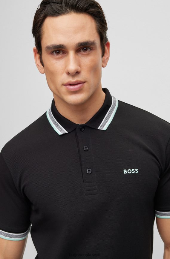 4TFNJN1220 أسود Hugo Boss قميص بولو من القطن العضوي من هوغو باللون الأسود مع شعار منحني