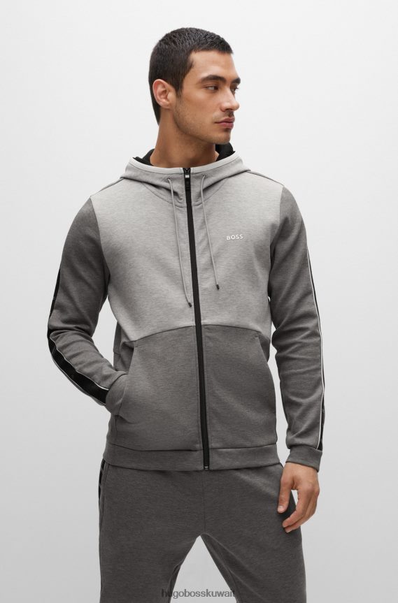 4TFNJN1231 رمادي Hugo Boss هودي من مزيج القطن بسحاب مع شريط شعار هوغو رمادي