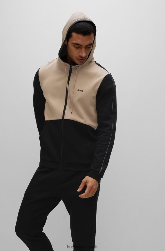 4TFNJN1233 أسود Hugo Boss هودي هودي بسحاب من مزيج القطن باللون الأسود مع شريط شعار