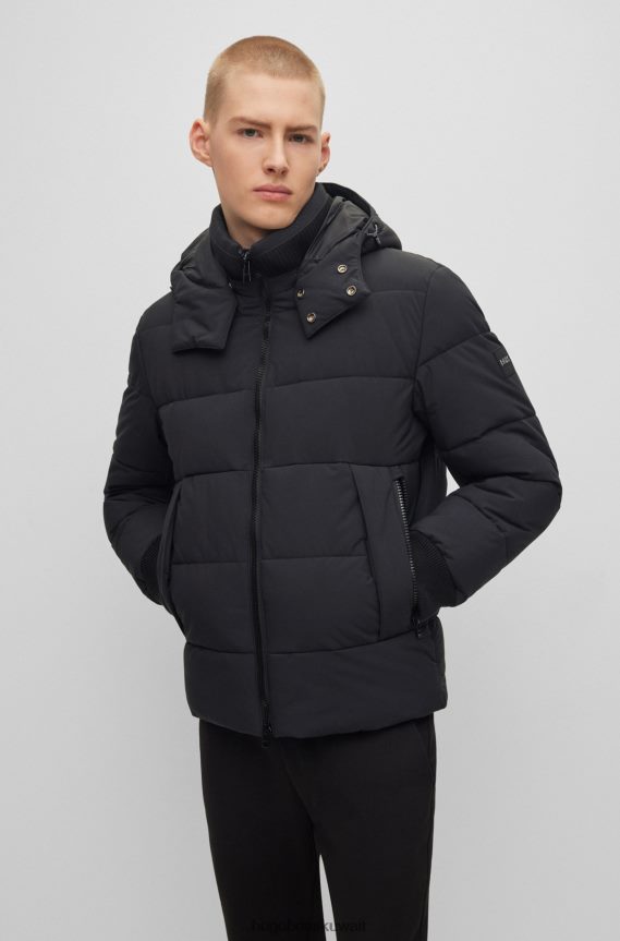 4TFNJN1238 أسود Hugo Boss سترة هوغو سوداء مبطنة مقاومة للماء مع غطاء رأس قابل للفصل