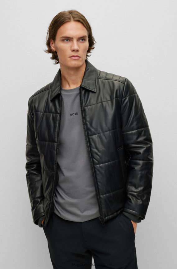 4TFNJN1241 أسود Hugo Boss سترة جلدية مبطنة مع بطانة بطباعة مموهة باللون الأسود