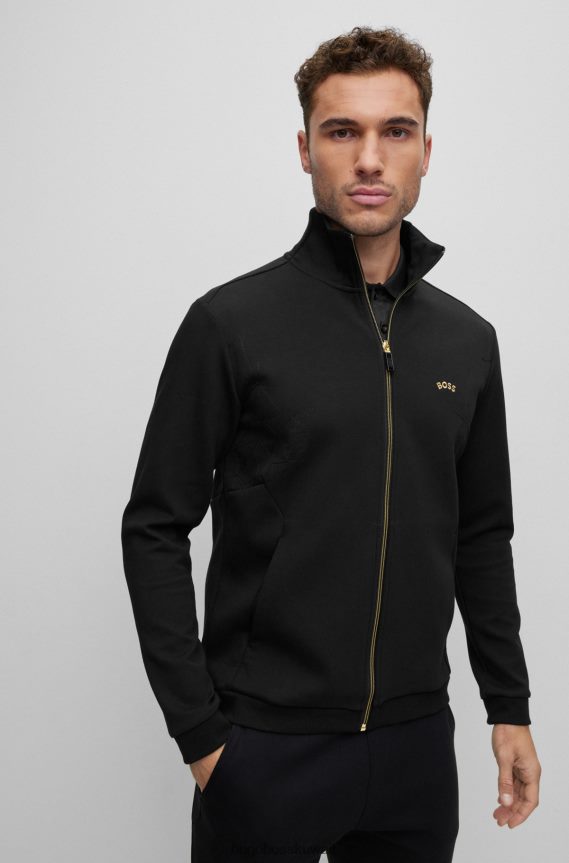 4TFNJN1242 أسود Hugo Boss سويت شيرت أسود بسحاب من مزيج القطن مع عمل فني موسمي