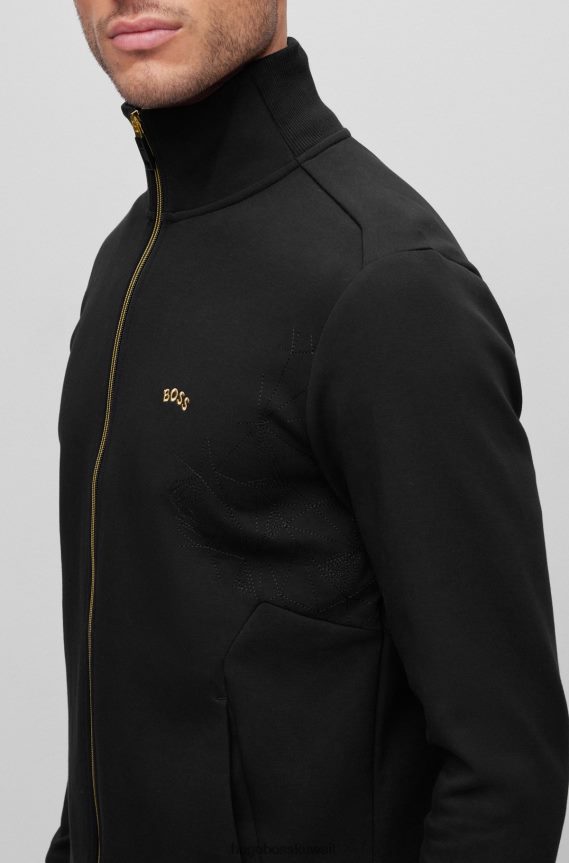 4TFNJN1242 أسود Hugo Boss سويت شيرت أسود بسحاب من مزيج القطن مع عمل فني موسمي