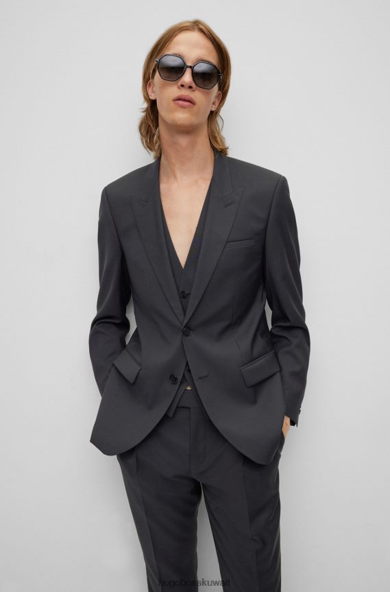 4TFNJN1249 أسود Hugo Boss بدلة ضيقة من ثلاث قطع من الصوف البكر باللون الأسود