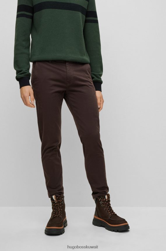 4TFNJN1263 بني غامق Hugo Boss هوغو بنطال تشينو بني داكن مدبب من الساتان القطني المصبوغ
