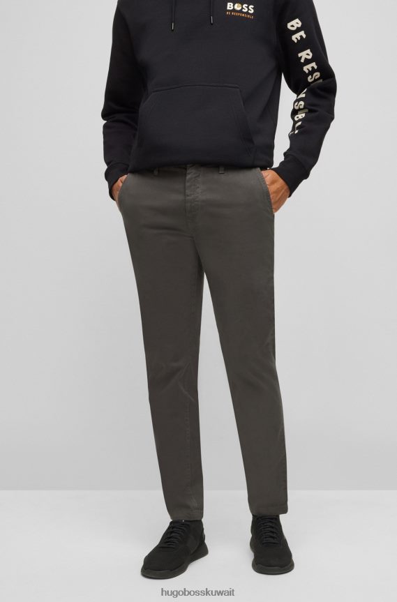 4TFNJN1267 الرمادي الداكن Hugo Boss تشينو بقصة مدببة مصنوع من الساتان القطني المصبوغ باللون الرمادي الداكن