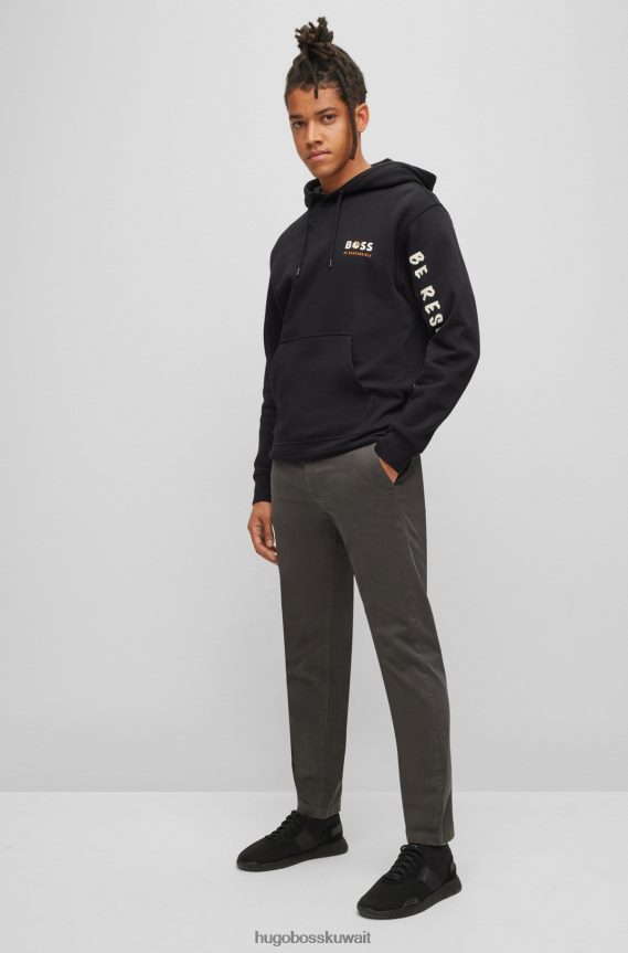 4TFNJN1267 الرمادي الداكن Hugo Boss تشينو بقصة مدببة مصنوع من الساتان القطني المصبوغ باللون الرمادي الداكن