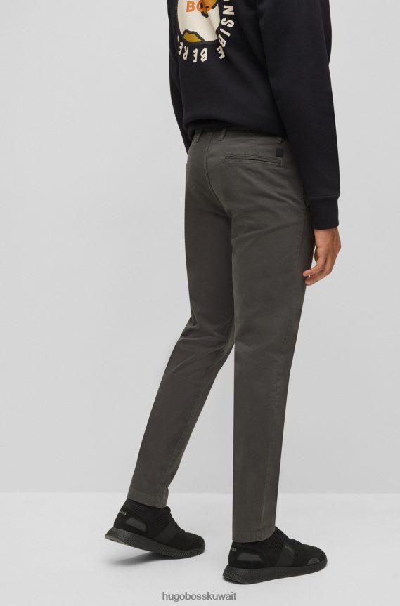 4TFNJN1267 الرمادي الداكن Hugo Boss تشينو بقصة مدببة مصنوع من الساتان القطني المصبوغ باللون الرمادي الداكن