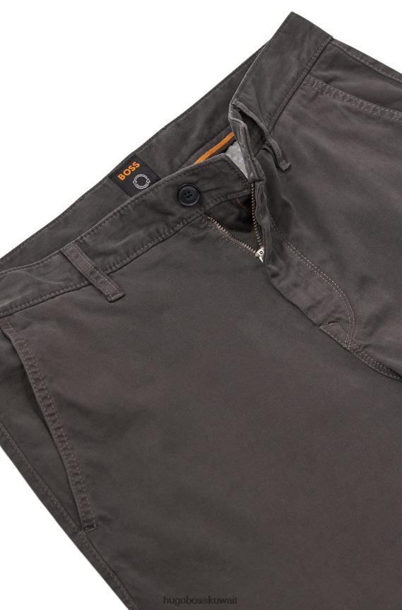 4TFNJN1267 الرمادي الداكن Hugo Boss تشينو بقصة مدببة مصنوع من الساتان القطني المصبوغ باللون الرمادي الداكن