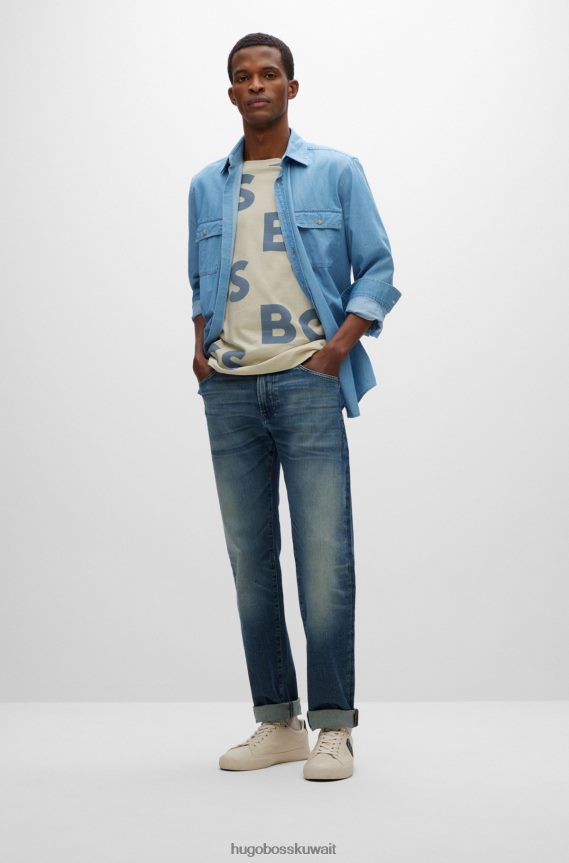 4TFNJN1269 أزرق Hugo Boss بنطلون جينز هوغو أزرق بقصة عادية من قماش الدنيم المريح والمطاط مع بهتان