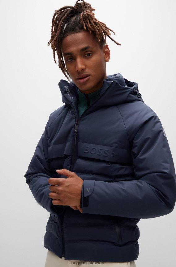 4TFNJN1272 أزرق غامق Hugo Boss سترة زرقاء داكنة مقاومة للماء مع تفاصيل شعار هوغو