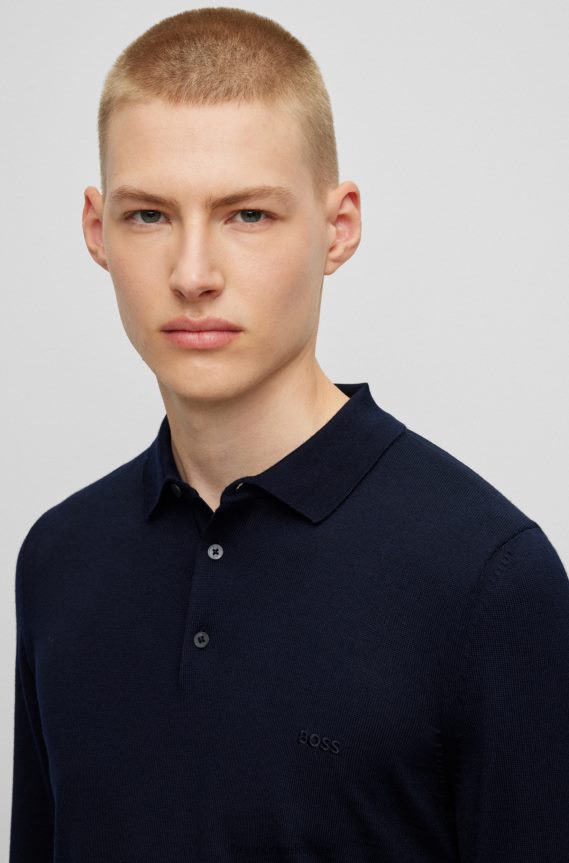 4TFNJN1275 أزرق غامق Hugo Boss سترة بولو هوغو باللون الأزرق الداكن من الصوف البكر مع شعار مطرز