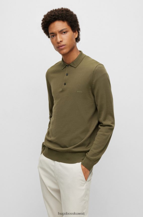 4TFNJN1276 الكاكي Hugo Boss سترة هوغو بولو من الصوف البكر مع شعار مطرز باللون الكاكي