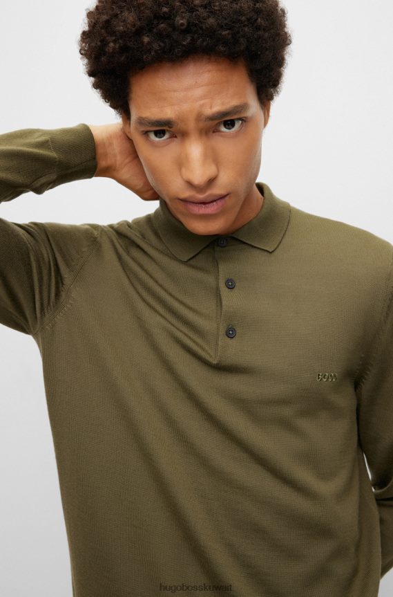 4TFNJN1276 الكاكي Hugo Boss سترة هوغو بولو من الصوف البكر مع شعار مطرز باللون الكاكي