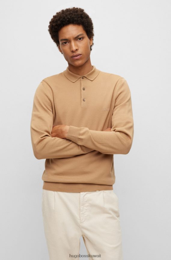 4TFNJN1277 اللون البيج Hugo Boss سترة بولو من الصوف البكر مع شعار مطرز باللون البيج هوغو