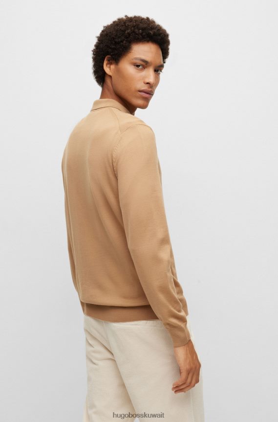 4TFNJN1277 اللون البيج Hugo Boss سترة بولو من الصوف البكر مع شعار مطرز باللون البيج هوغو