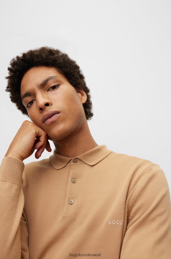4TFNJN1277 اللون البيج Hugo Boss سترة بولو من الصوف البكر مع شعار مطرز باللون البيج هوغو