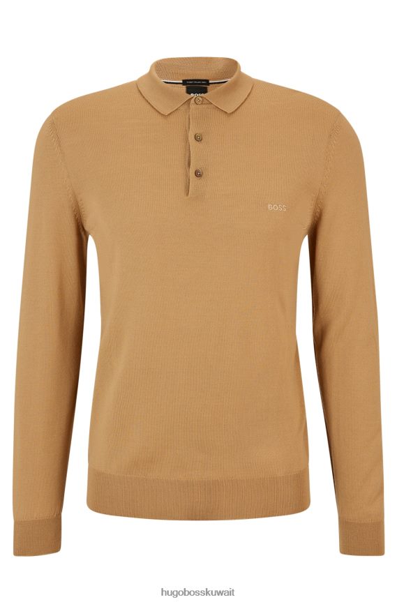 4TFNJN1277 اللون البيج Hugo Boss سترة بولو من الصوف البكر مع شعار مطرز باللون البيج هوغو