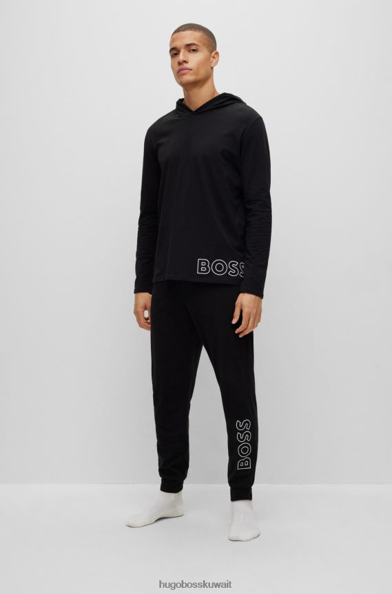 4TFNJN1280 أسود Hugo Boss تيشيرت بيجامة بغطاء رأس من القطن المطاطي من Hugo مع طباعة الشعار باللون الأسود