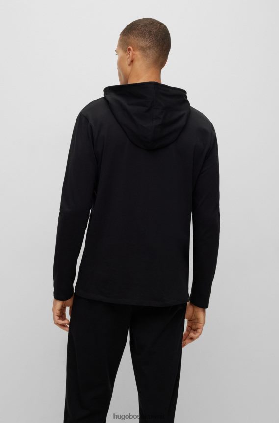 4TFNJN1280 أسود Hugo Boss تيشيرت بيجامة بغطاء رأس من القطن المطاطي من Hugo مع طباعة الشعار باللون الأسود