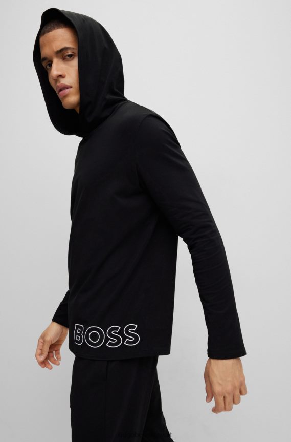 4TFNJN1280 أسود Hugo Boss تيشيرت بيجامة بغطاء رأس من القطن المطاطي من Hugo مع طباعة الشعار باللون الأسود