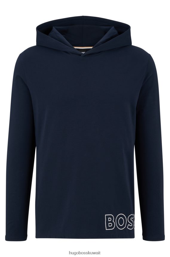 4TFNJN1281 أزرق غامق Hugo Boss تيشيرت بيجامة بغطاء رأس من القطن المطاطي باللون الأزرق الداكن مع طباعة شعار من Hugo