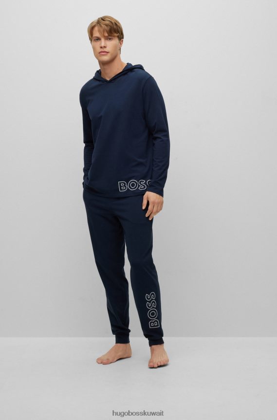 4TFNJN1281 أزرق غامق Hugo Boss تيشيرت بيجامة بغطاء رأس من القطن المطاطي باللون الأزرق الداكن مع طباعة شعار من Hugo