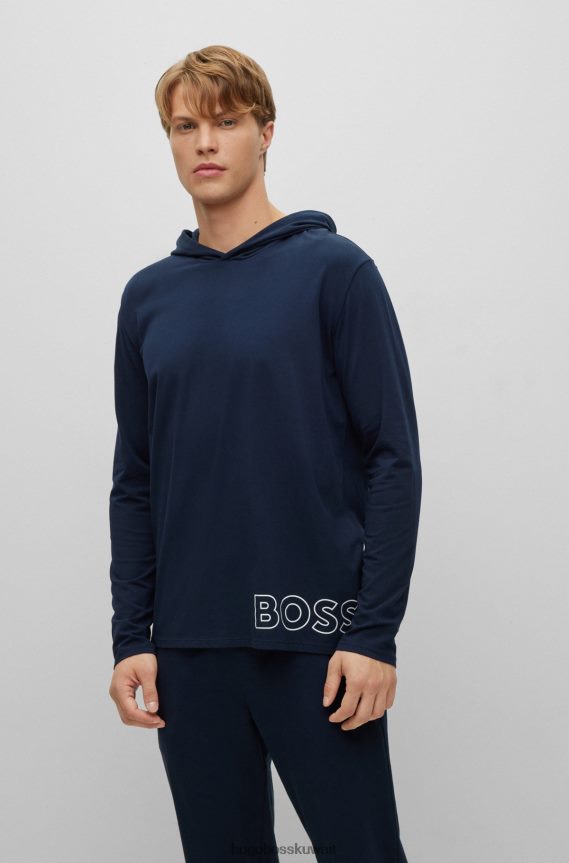 4TFNJN1281 أزرق غامق Hugo Boss تيشيرت بيجامة بغطاء رأس من القطن المطاطي باللون الأزرق الداكن مع طباعة شعار من Hugo