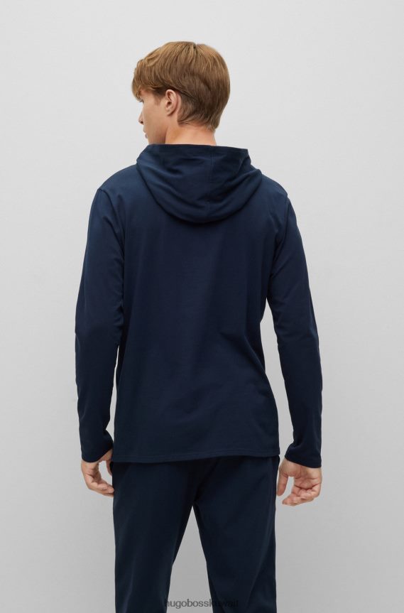 4TFNJN1281 أزرق غامق Hugo Boss تيشيرت بيجامة بغطاء رأس من القطن المطاطي باللون الأزرق الداكن مع طباعة شعار من Hugo