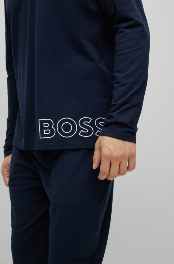 4TFNJN1281 أزرق غامق Hugo Boss تيشيرت بيجامة بغطاء رأس من القطن المطاطي باللون الأزرق الداكن مع طباعة شعار من Hugo