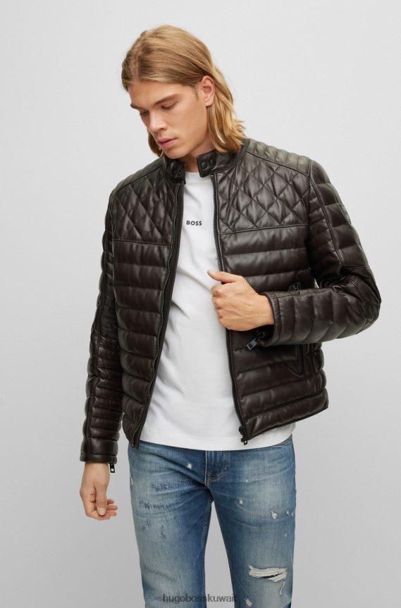 4TFNJN1282 بني غامق Hugo Boss سترة هوغو من جلد نابا بياقة واقفة باللون البني الداكن