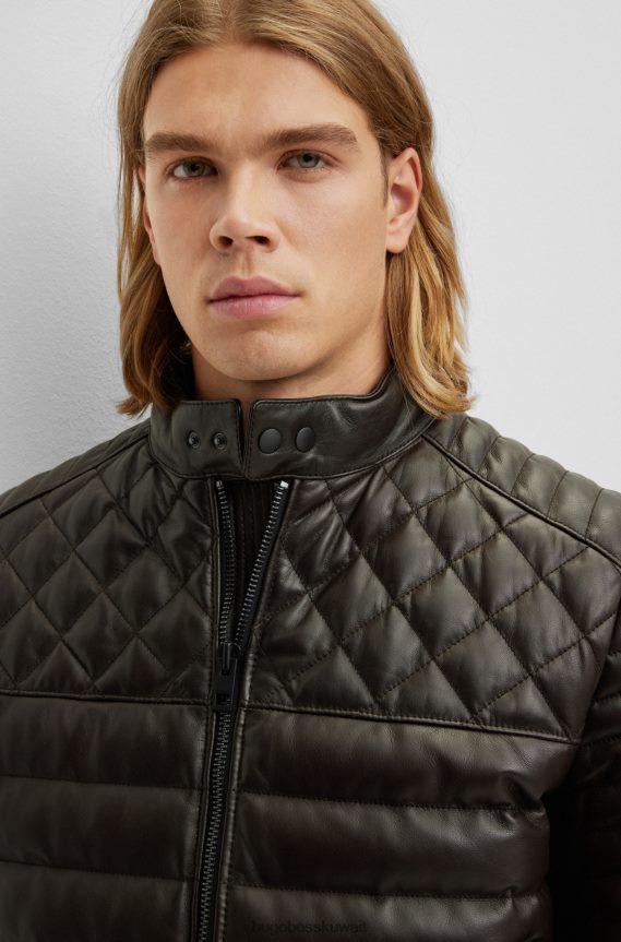 4TFNJN1282 بني غامق Hugo Boss سترة هوغو من جلد نابا بياقة واقفة باللون البني الداكن