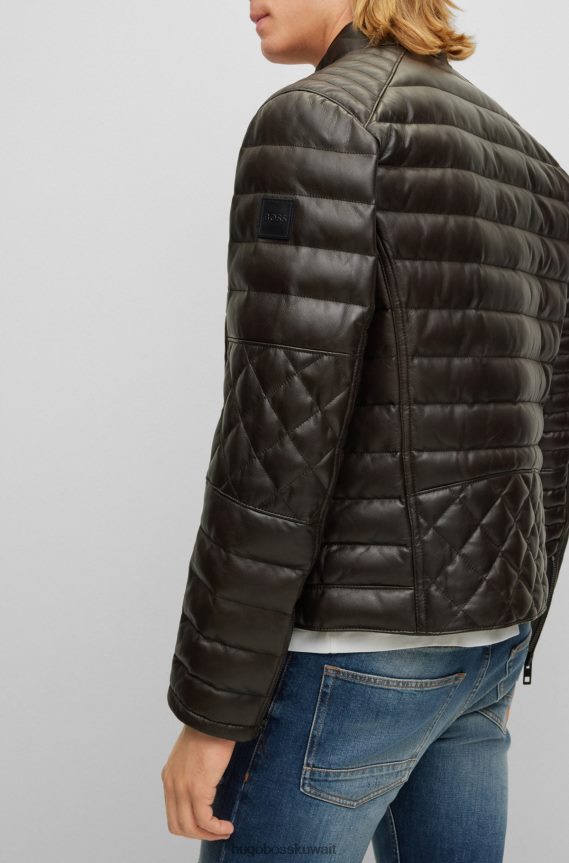 4TFNJN1282 بني غامق Hugo Boss سترة هوغو من جلد نابا بياقة واقفة باللون البني الداكن