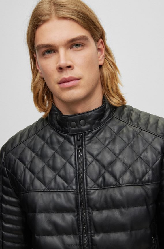 4TFNJN1283 أسود Hugo Boss سترة من جلد نابا مع ياقة واقفة باللون الأسود من هوغو