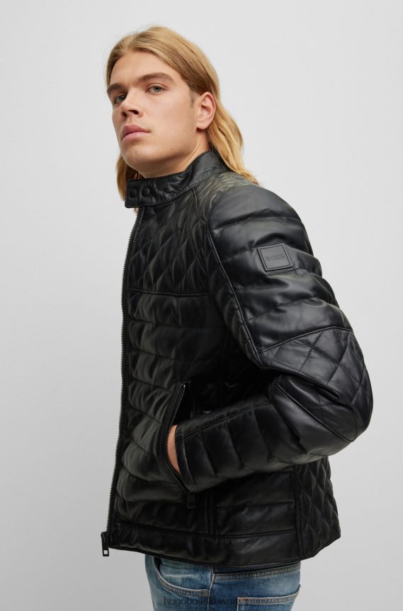 4TFNJN1283 أسود Hugo Boss سترة من جلد نابا مع ياقة واقفة باللون الأسود من هوغو