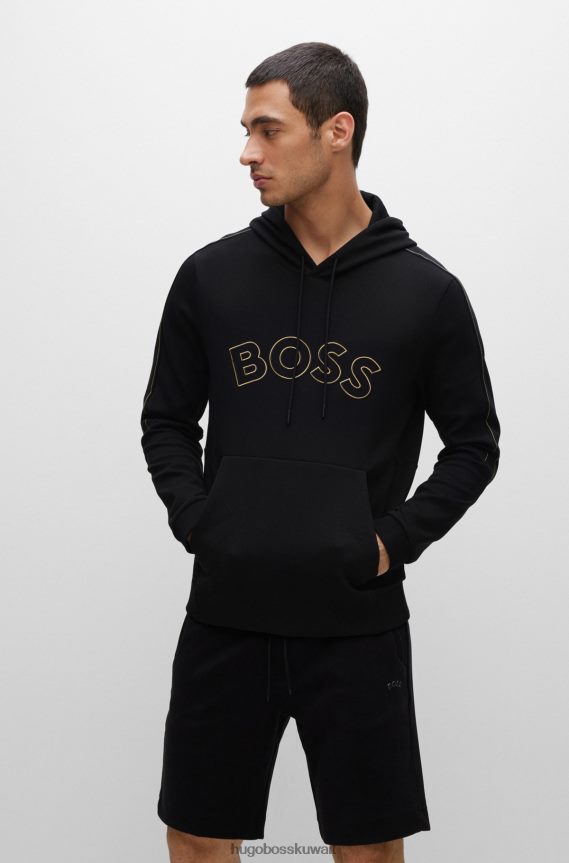 4TFNJN1290 أسود Hugo Boss هوديي من مزيج القطن باللون الأسود مع شعار منحني وأعمال فنية شبكية