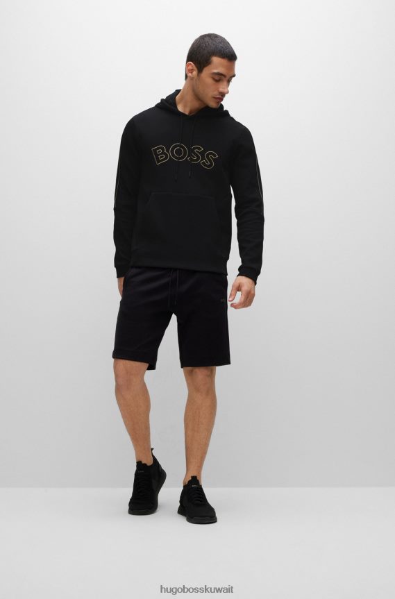 4TFNJN1290 أسود Hugo Boss هوديي من مزيج القطن باللون الأسود مع شعار منحني وأعمال فنية شبكية