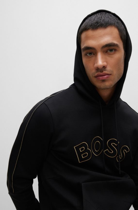 4TFNJN1290 أسود Hugo Boss هوديي من مزيج القطن باللون الأسود مع شعار منحني وأعمال فنية شبكية