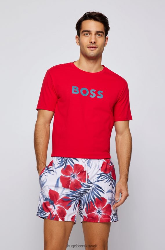 4TFNJN1302 أحمر Hugo Boss تيشيرت أحمر بقصة مريحة بعامل حماية من الأشعة فوق البنفسجية 50+، مصنوع من القطن مع شعار Hugo