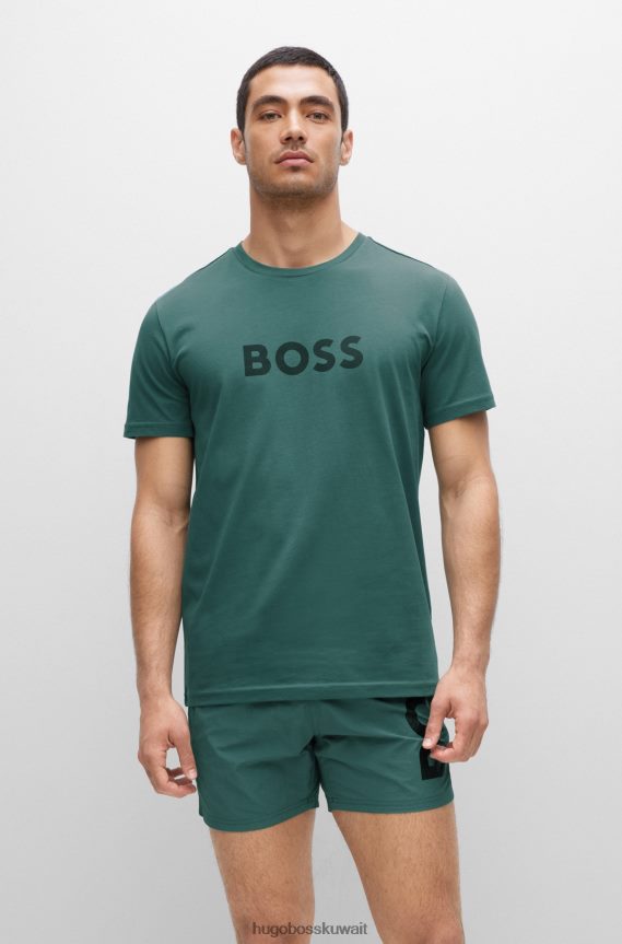4TFNJN1306 أخضر Hugo Boss تيشيرت Hugo المريح بعامل حماية من الأشعة فوق البنفسجية 50+ مصنوع من القطن مع شعار باللون الأخضر