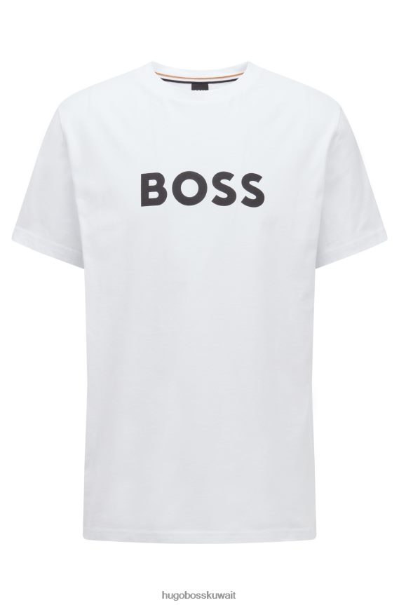 4TFNJN1308 أبيض Hugo Boss تي شيرت أبيض مريح بعامل حماية من الأشعة فوق البنفسجية 50+ مصنوع من القطن مع شعار Hugo
