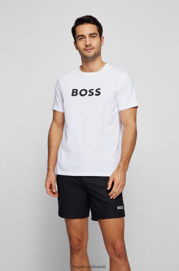 4TFNJN1308 أبيض Hugo Boss تي شيرت أبيض مريح بعامل حماية من الأشعة فوق البنفسجية 50+ مصنوع من القطن مع شعار Hugo