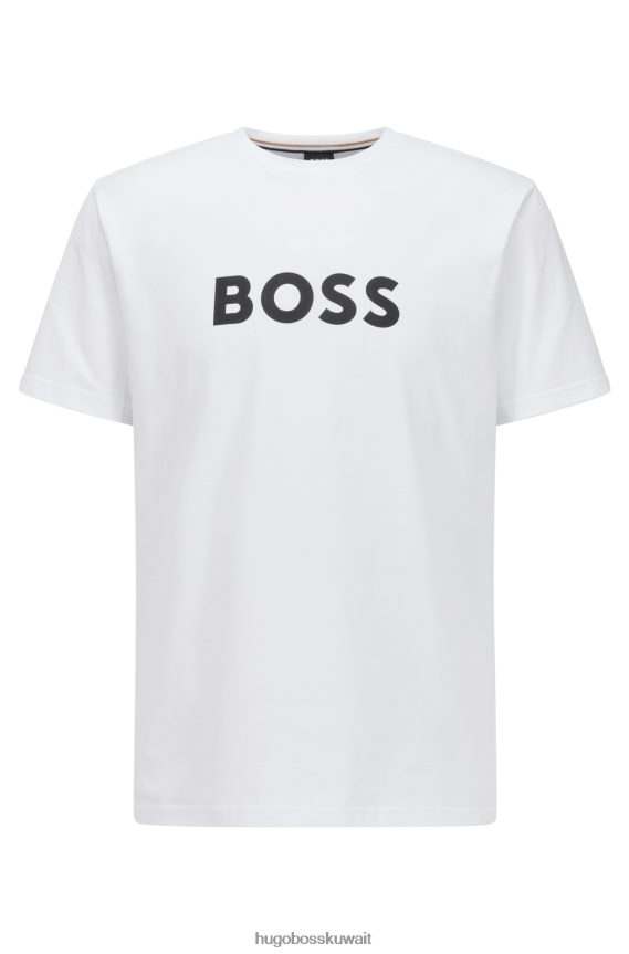 4TFNJN1309 أبيض Hugo Boss تيشيرت مريح بعامل حماية من الأشعة فوق البنفسجية 50+ مصنوع من القطن مع شعار هوغو باللون الأبيض