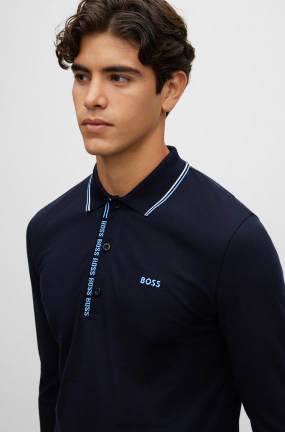 4TFNJN1310 أزرق غامق Hugo Boss قميص بولو هوغو أزرق داكن بأكمام طويلة وقصة ضيقة مع تفاصيل الشعار